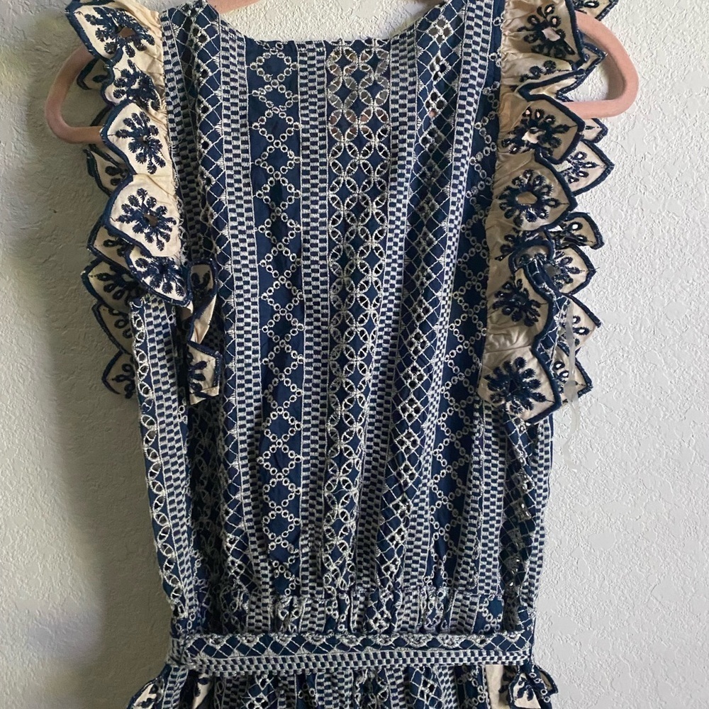 Chloe Laetitia Ruffle Detail Embroidered Eyelet Blue Cream Belted Jumpsuit Sz S - Picture 16 of 16